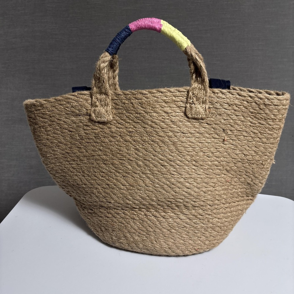 GAP Tote Bag Natural Jute Double Navy Straps Handle Beach Boho Summer Nautical - Picture 4 of 16